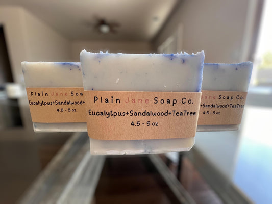 100% coconut oil cold processed soap with Eucalyptus, Sandalwood and Tea Tree essential oils
