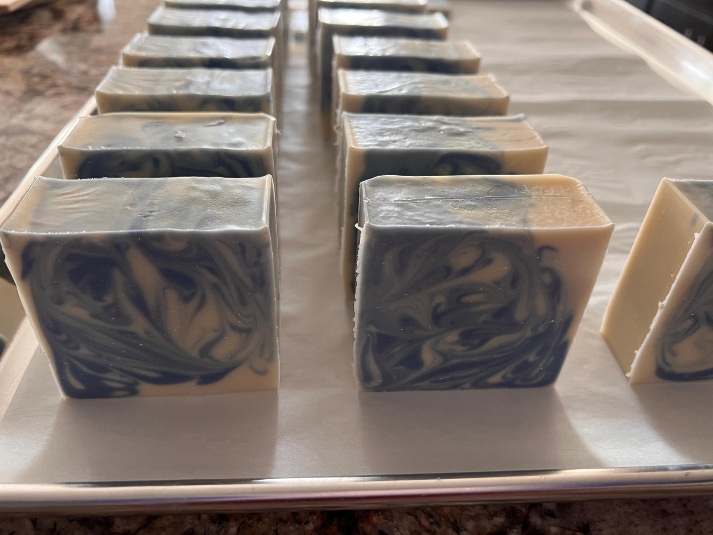 Cold processed soap with eucalyptus, cedarwood, juniper, and lemon essential oils
