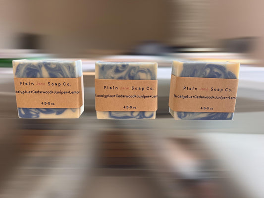 Cold processed soap with eucalyptus, cedarwood, juniper, and lemon essential oils