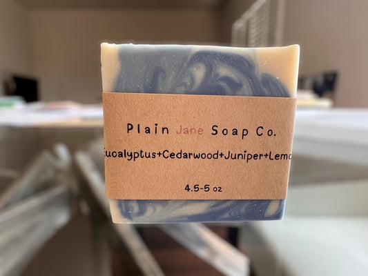 Cold processed soap with eucalyptus, cedarwood, juniper, and lemon essential oils